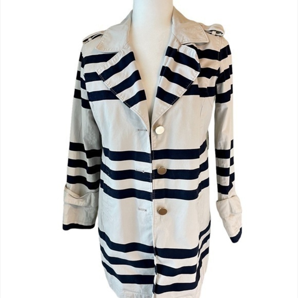Crown & Ivy Trenchcoat Jacket Navy & Tan Striped Jacket Size XS